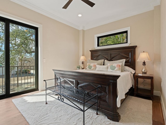 bedroom featuring crown molding, recessed lighting, access to exterior, and wood finished floors