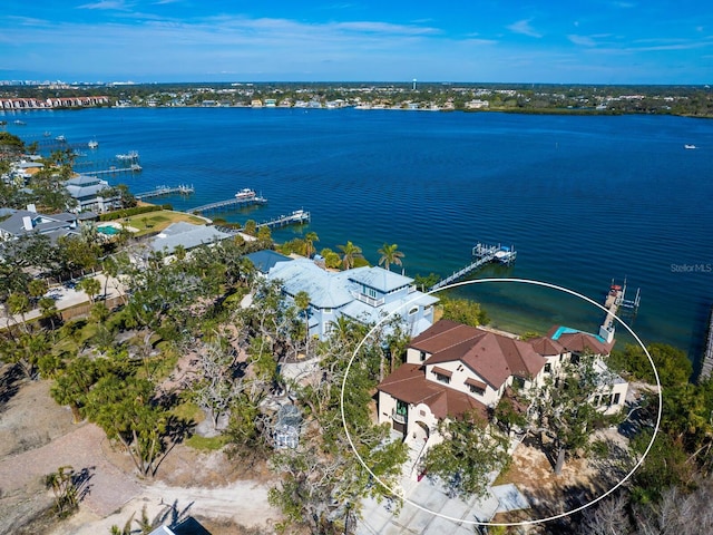 aerial view featuring a water view