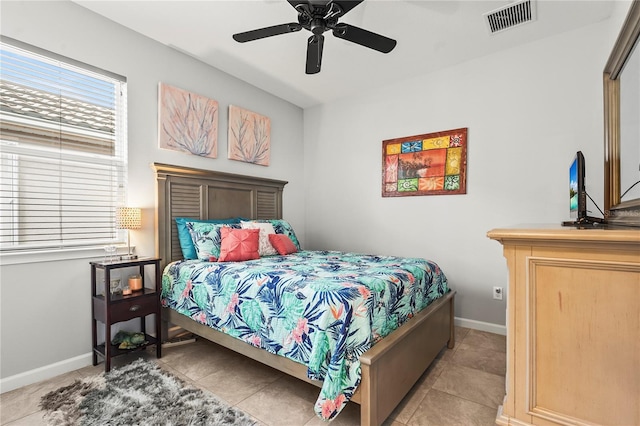 bedroom with visible vents, baseboards, ceiling fan, and tile patterned flooring