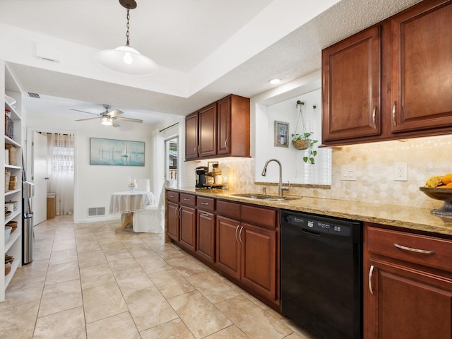 kitchen with tasteful backsplash, a sink, ceiling fan, visible vents, and dishwasher