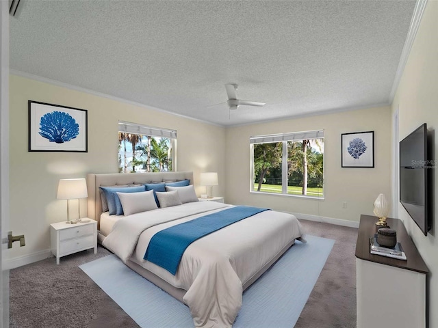 3405 10th St W, Palmetto, FL 34221 - bedroom featuring ornamental molding, a textured ceiling, carpet floors, and baseboards