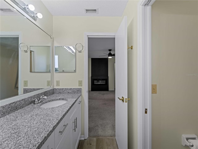 3405 10th St W, Palmetto, FL 34221 - bathroom featuring visible vents, wood finished floors, ceiling fan, and vanity