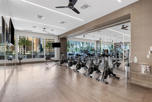 111 S Pineapple Ave Unit 716, Sarasota, FL 34236 - gym with a ceiling fan, wood finished floors, and visible vents