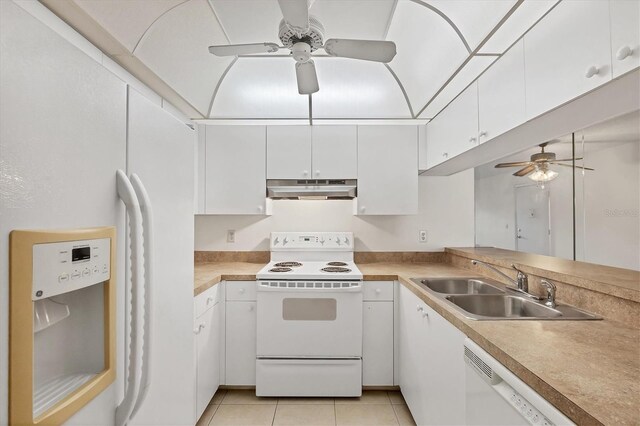 752 White Pine Tree Rd Unit 101, Venice, FL 34285 - kitchen with white cabinets, a sink, ceiling fan, under cabinet range hood, and white appliances