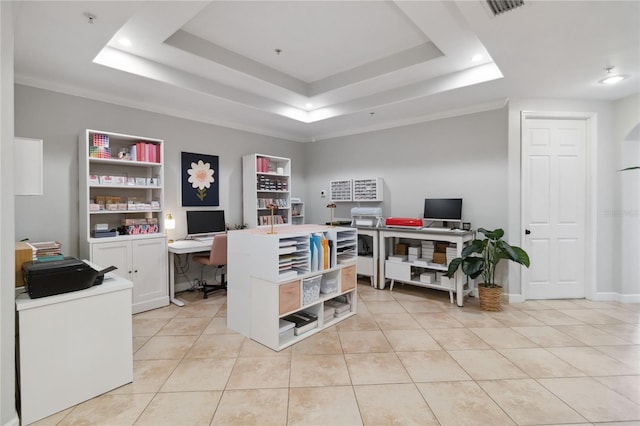 office area featuring recessed lighting, baseboards, visible vents, a raised ceiling, and light tile patterned flooring