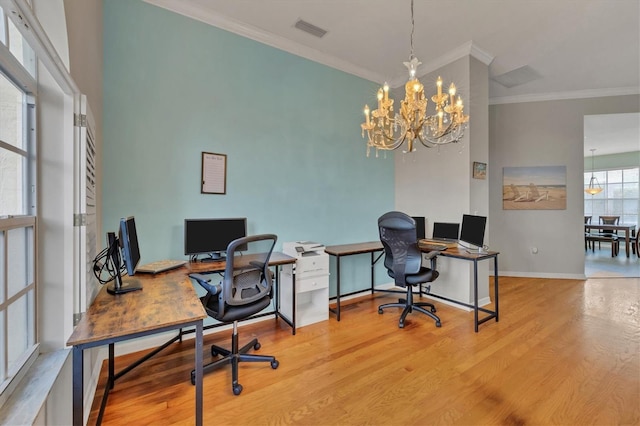 5106 Far Oak Cir, Sarasota, FL 34238 - office featuring visible vents, crown molding, wood finished floors, baseboards, and a chandelier