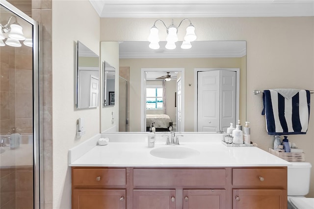 bathroom featuring crown molding, a stall shower, ensuite bathroom, vanity, and ceiling fan