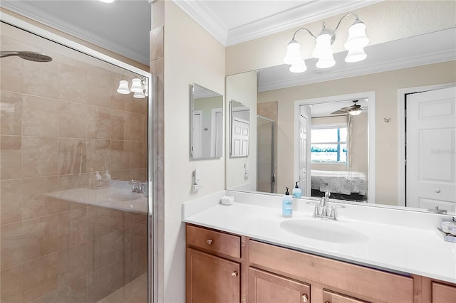 bathroom featuring crown molding, connected bathroom, a shower stall, vanity, and a chandelier