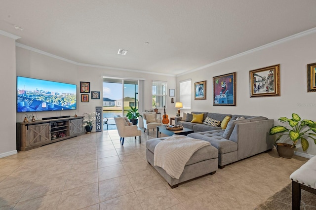 living area featuring ornamental molding, visible vents, light tile patterned floors, and baseboards