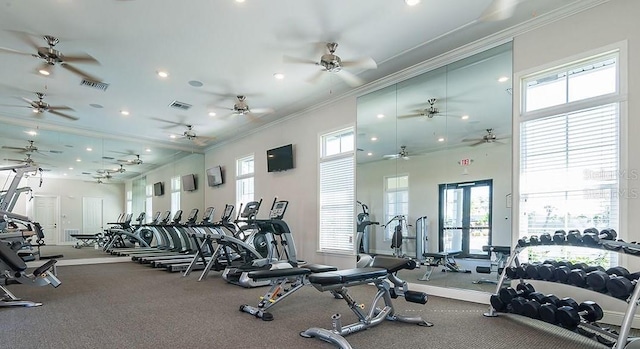 workout area with crown molding, recessed lighting, and visible vents
