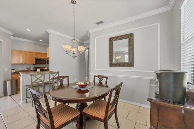 dining room featuring visible vents, ornamental molding, recessed lighting, light tile patterned floors, and a notable chandelier
