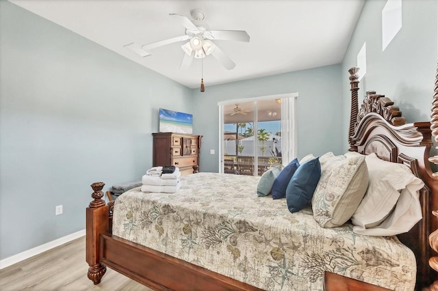 bedroom with ceiling fan, baseboards, access to outside, and wood finished floors