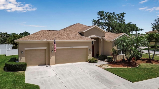view of front of home featuring a front lawn, stucco siding, driveway, and an attached garage