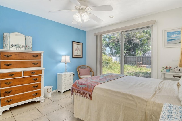 bedroom with baseboards, ceiling fan, and light tile patterned floors