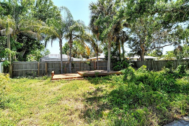 view of yard featuring a wooden deck and a fenced backyard