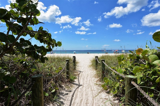 view of water feature featuring a beach view