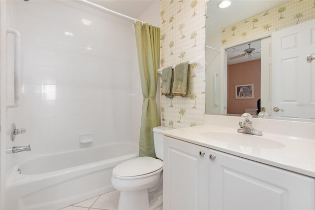 242 Hidden Bay Dr Unit 603, Osprey, FL 34229 - full bath with wallpapered walls, vanity, shower / bath combo, ceiling fan, and tile patterned floors