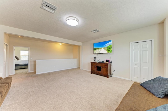7822 110th Ave E, Parrish, FL 34219 - living area featuring a textured ceiling, visible vents, baseboards, and light carpet