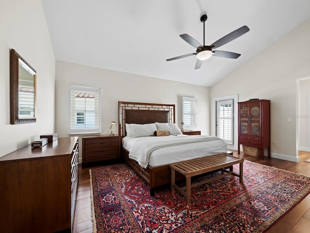 2282 Harbour Court Dr, Longboat Key, FL 34228 - bedroom with dark wood finished floors, ceiling fan, and lofted ceiling