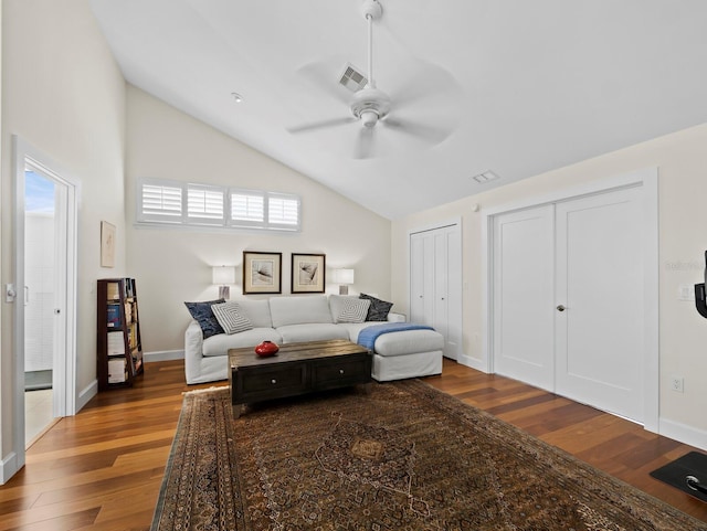 2282 Harbour Court Dr, Longboat Key, FL 34228 - living area featuring baseboards, ceiling fan, visible vents, and wood finished floors