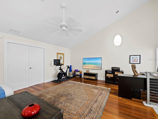 2282 Harbour Court Dr, Longboat Key, FL 34228 - office space with ceiling fan, visible vents, vaulted ceiling, wood finished floors, and baseboards