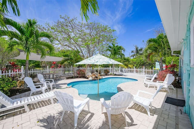 view of swimming pool featuring a patio, a fenced in pool, and a fenced backyard