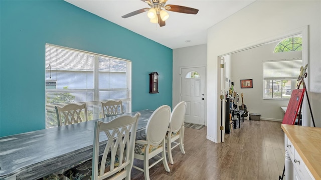 12339 Hollybush Ter, Lakewood Ranch, FL 34202 - dining area with ceiling fan and wood finished floors
