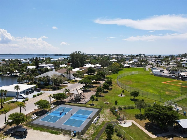 aerial view featuring a water view and a residential view