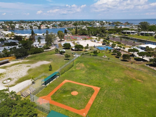 bird's eye view with a water view