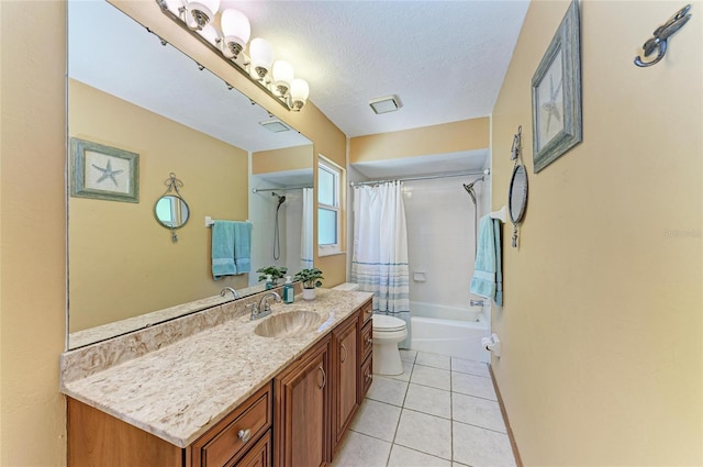 bathroom with tile patterned flooring, vanity, toilet, a textured ceiling, and shower / tub combo