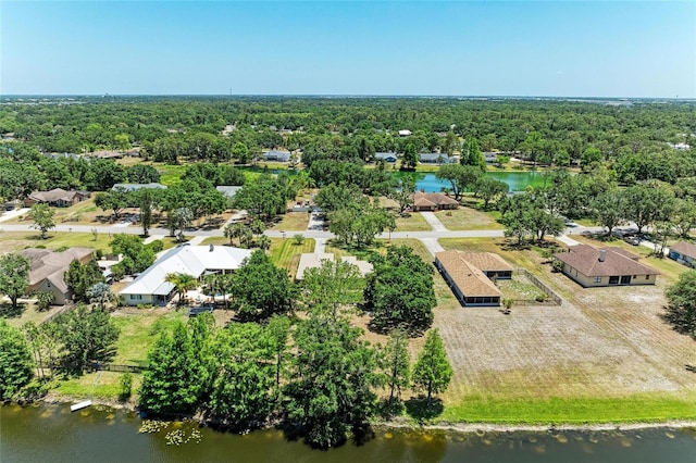 bird's eye view featuring a water view and a forest view