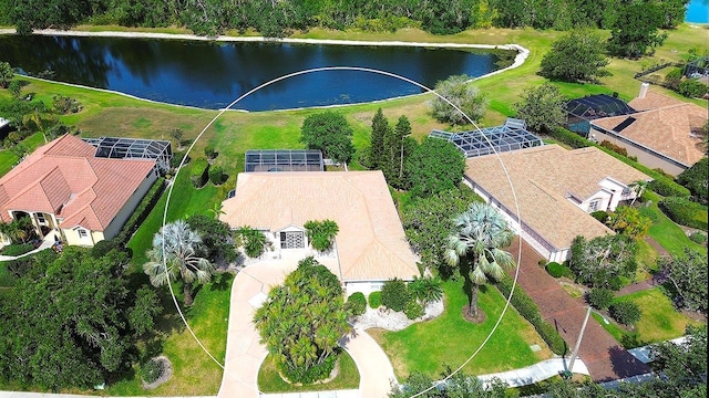 birds eye view of property featuring a water view