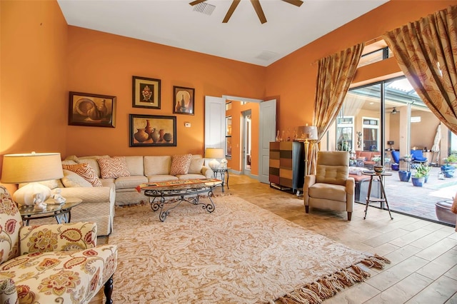 living room featuring ceiling fan