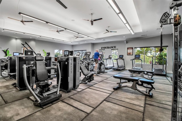 exercise room featuring a ceiling fan
