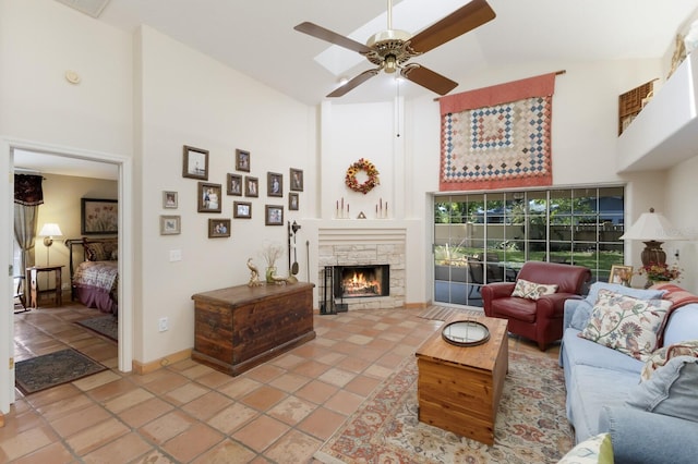 3209 2nd Ave W, Bradenton, FL 34205 - living room featuring baseboards, high vaulted ceiling, ceiling fan, and a fireplace