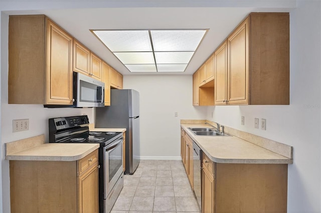 5800 Hollywood Blvd Unit 312, Sarasota, FL 34231 - kitchen with light tile patterned floors, a sink, stainless steel appliances, baseboards, and light countertops