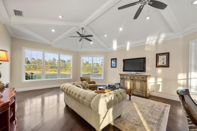 living room with dark wood-style flooring, a ceiling fan, baseboards, recessed lighting, and visible vents