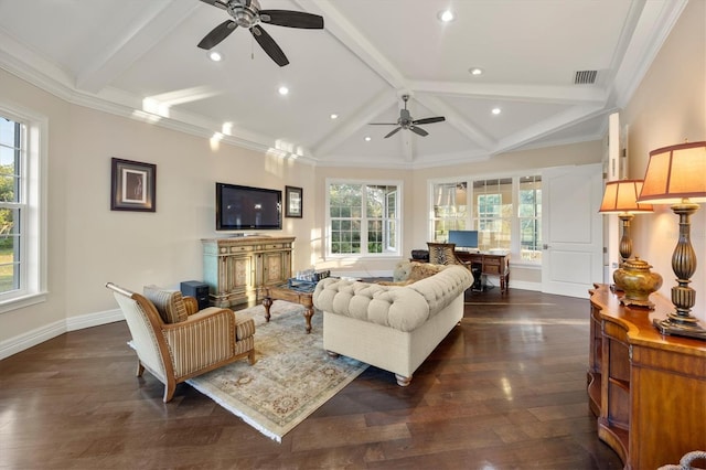 living room with recessed lighting, ceiling fan, visible vents, and dark wood-style floors