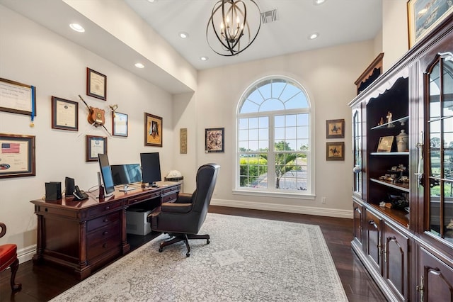 office area with an inviting chandelier, baseboards, recessed lighting, and dark wood-style floors