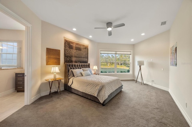 bedroom featuring carpet flooring, recessed lighting, baseboards, and visible vents