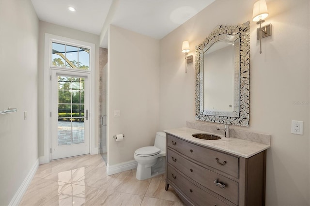 bathroom with vanity, toilet, recessed lighting, baseboards, and an enclosed shower