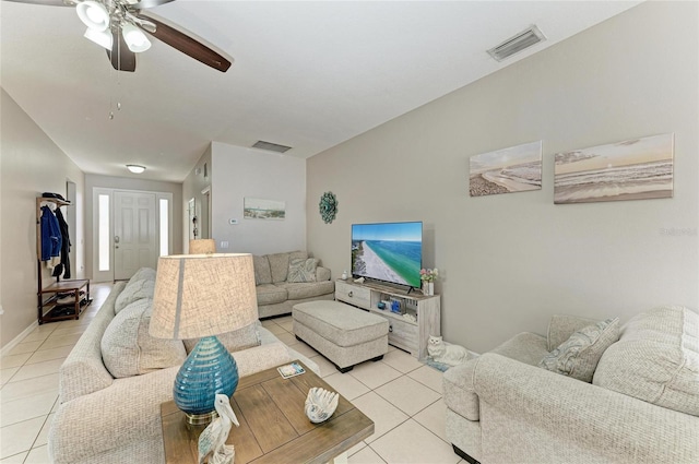 6546 Blue Grosbeak Cir, Lakewood Ranch, FL 34202 - living area with light tile patterned floors and a ceiling fan
