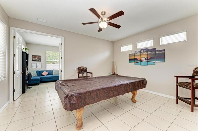 6546 Blue Grosbeak Cir, Lakewood Ranch, FL 34202 - playroom featuring a ceiling fan, billiards, baseboards, and light tile patterned floors