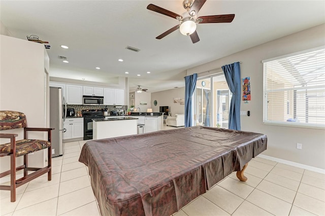 6546 Blue Grosbeak Cir, Lakewood Ranch, FL 34202 - rec room featuring a ceiling fan, billiards, light tile patterned flooring, recessed lighting, and a sink