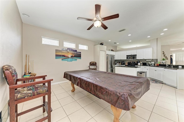 6546 Blue Grosbeak Cir, Lakewood Ranch, FL 34202 - game room with ceiling fan, billiards table, light tile patterned floors, a sink, and recessed lighting