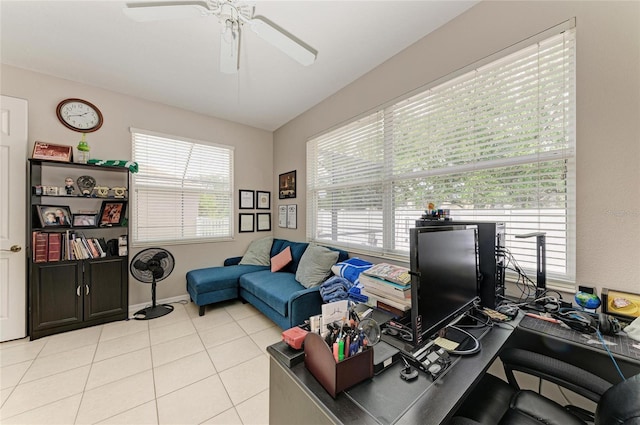 6546 Blue Grosbeak Cir, Lakewood Ranch, FL 34202 - office featuring a ceiling fan, light tile patterned floors, and baseboards