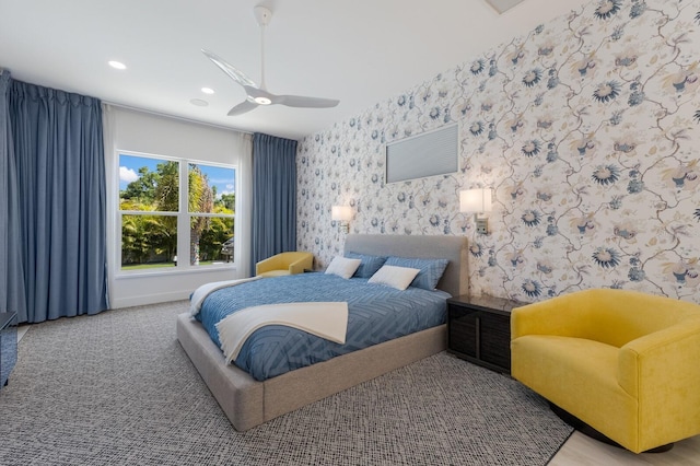 bedroom featuring recessed lighting, a ceiling fan, and wallpapered walls