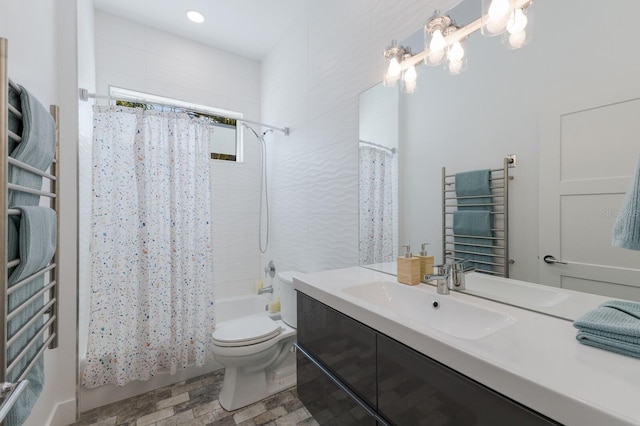 full bathroom featuring shower / tub combo, an inviting chandelier, toilet, radiator heating unit, and vanity