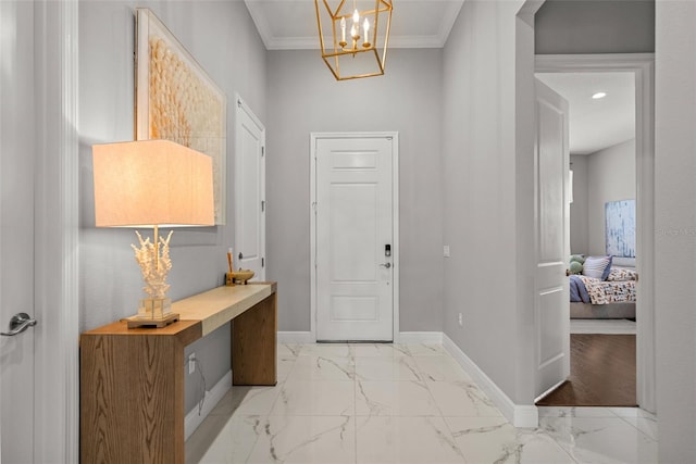 13319 Deep Blue Pl, Bradenton, FL 34211 - foyer featuring baseboards, light marble finish flooring, ornamental molding, recessed lighting, and a chandelier