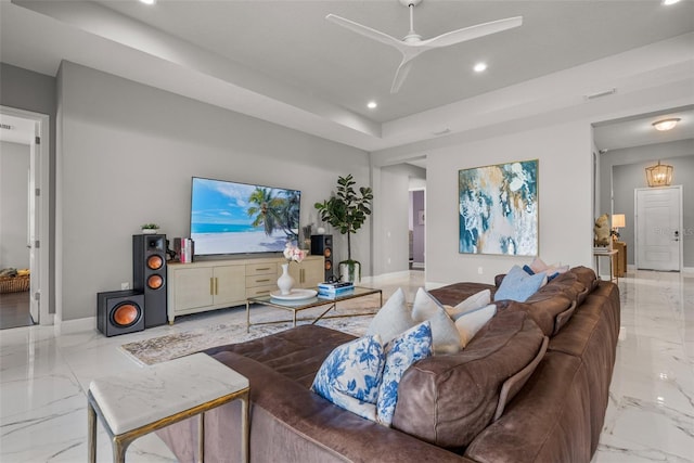 13319 Deep Blue Pl, Bradenton, FL 34211 - living room featuring light marble finish floors, recessed lighting, baseboards, and a ceiling fan